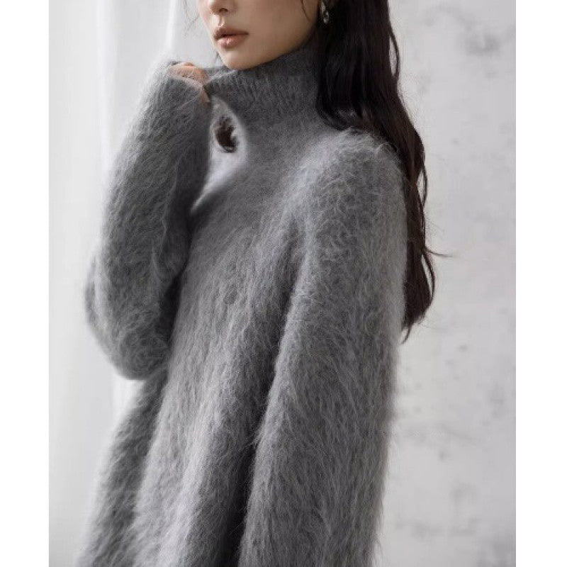 Pull col roulé en mohair gris pour femme