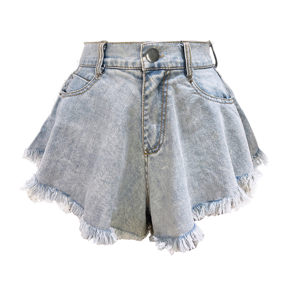 Short en jean taille haute ample à pampilles pour femmes