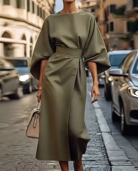 Robe Ample à Manches Chauve-souris, Taille Cintrée, Couleur Unie, Robes Élégantes pour Femme