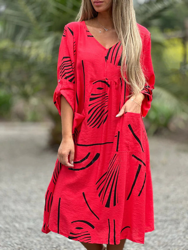 Robe décontractée ample à manches longues et col en V imprimée, vêtements pour femmes Main Image
