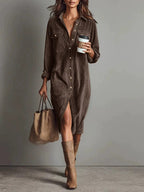 Robe Décontractée Chic à Col Rabattu et Boutons, Robe de Soirée Simple Unie pour Femmes Printemps Automne, Robe Longue à Manches pour Dames en Vacances