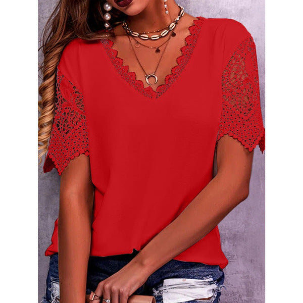 Tops en dentelle femme été col en V ample manches courtes chemises décontractées