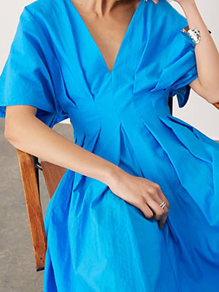Blue V-neck Pleated Dress Bell Sleeve Dress French Style
