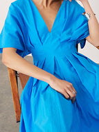 Blue V-neck Pleated Dress Bell Sleeve Dress French Style