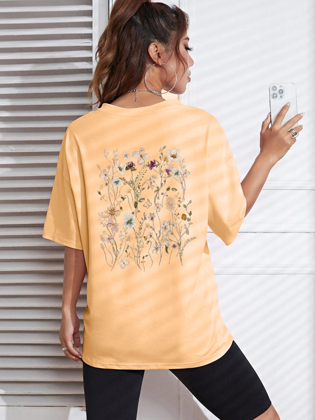 T-shirts décontractés en coton imprimés grappes de fleurs pour femmes