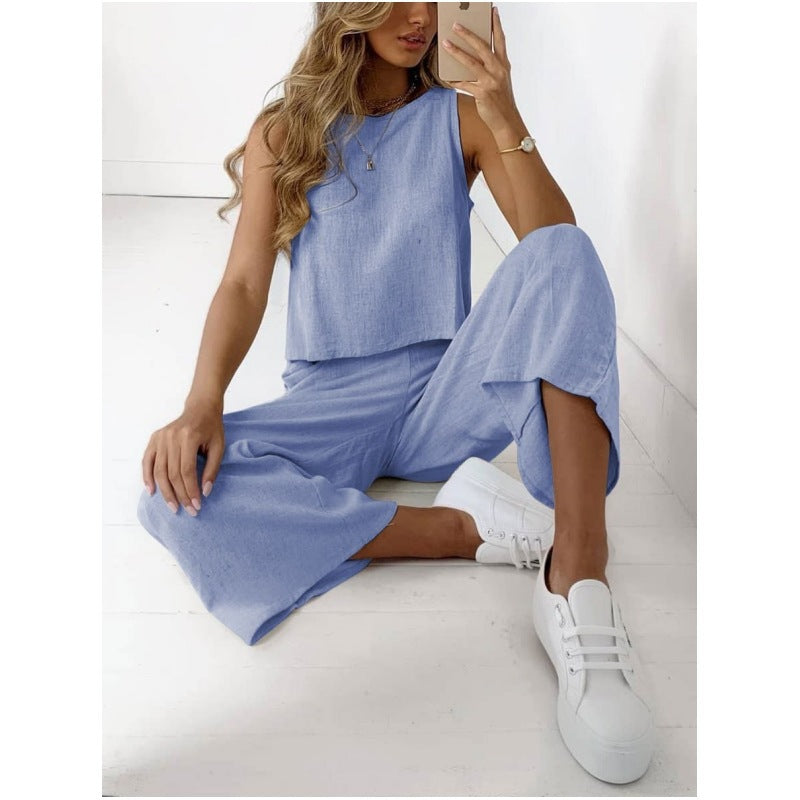 Ensemble deux pièces sans manches pour femme en coton et lin, chemise et pantalon large court