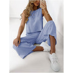 Ensemble deux pièces sans manches pour femme en coton et lin, chemise et pantalon large court