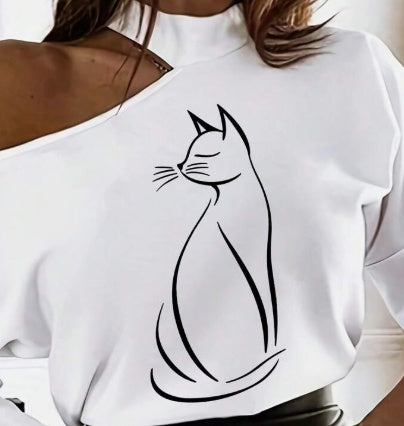 T-shirt blanc à manches longues pour femmes avec motif de dessins animés et épaules dénudées, hauts graphiques pour femmes pour tenue de printemps Hover Image