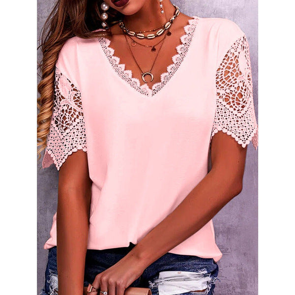 Tops en dentelle femme été col en V ample manches courtes chemises décontractées