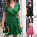 Robe femme à col V, manches pétales et jupe volantée