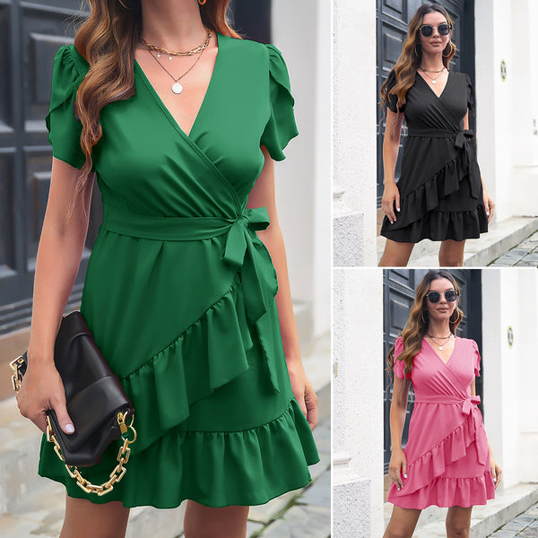 Robe femme à col V, manches pétales et jupe volantée
