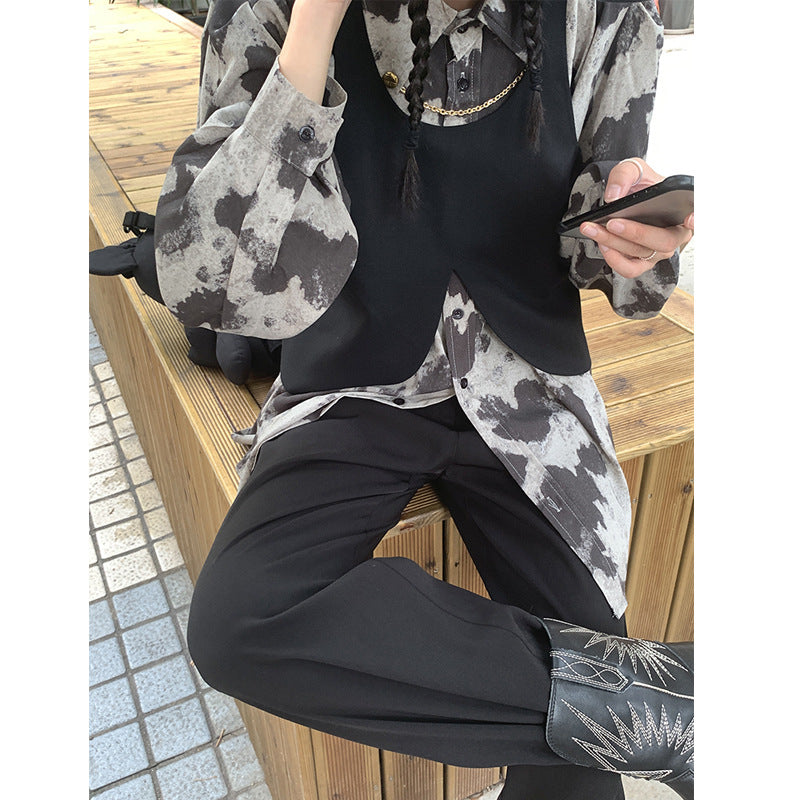 Blouse à manches longues noire, grise, à blocs de couleur léopard, chemise boutonnée avec chaîne, simple boutonnage, chemisier ample pour femmes
