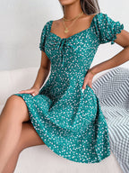 Robe décontractée femme à manches cloche, taille nouée avec cordon de serrage et imprimé floral fluide