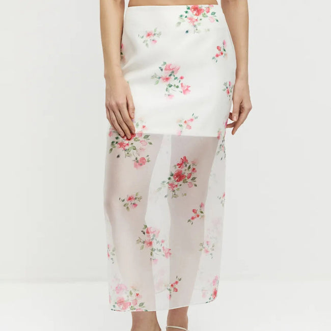 Nouvelle jupe fendue taille haute transparente à imprimé numérique Hover Image