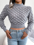 Pull court en maille diamant 3D à manches longues pour femme