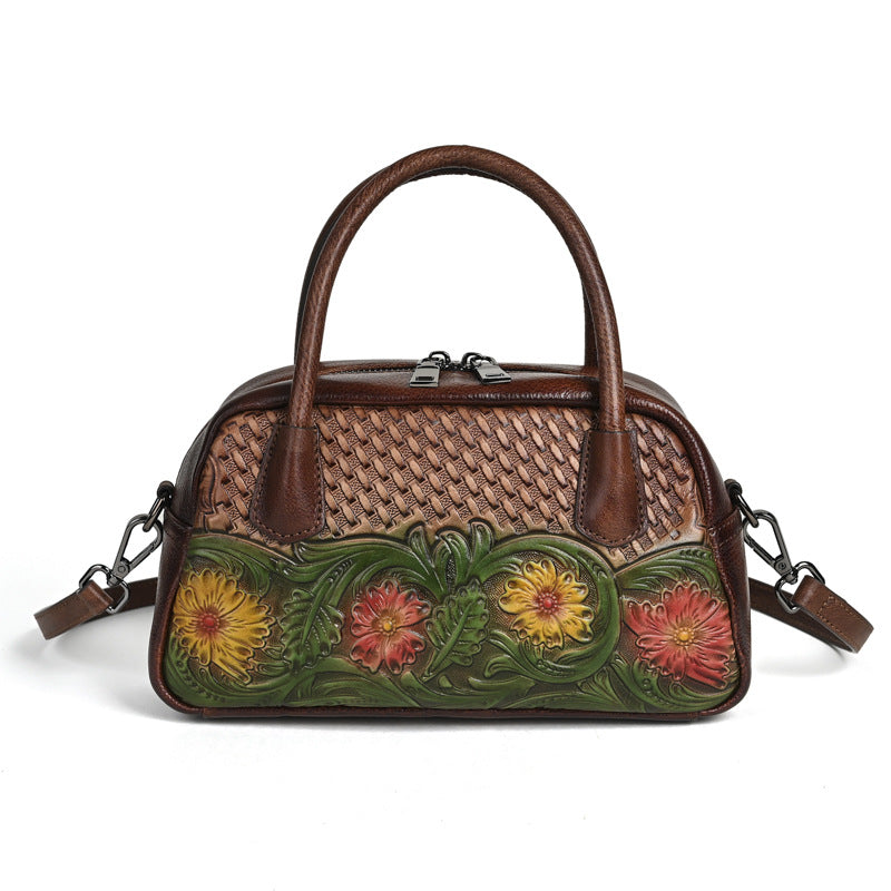 Sac à bandoulière en cuir pleine fleur, style ethnique rétro, pour femmes