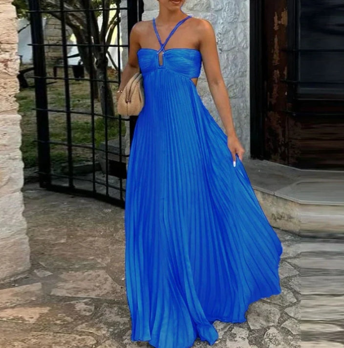 Robe longue plissée sans manches à bretelles, taille haute évidée, dos nu pour soirée, club, vêtement femme