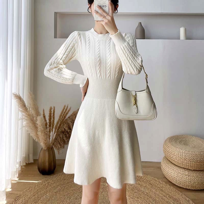 Round Neck Linen Pattern Waist Is Thinner A-line Knit Dress Female