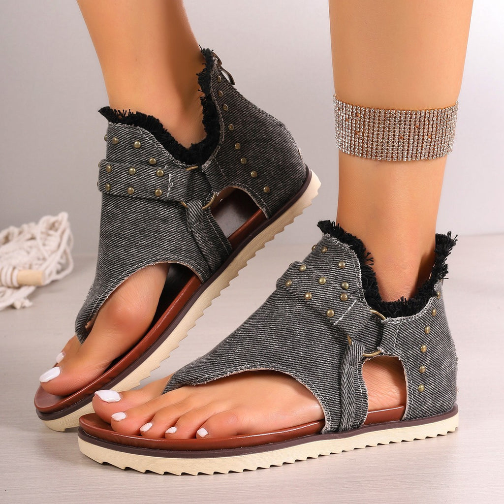 Sandales tongs en jean avec fermeture éclair arrière, chaussures plates d'été rétro de plage pour femmes