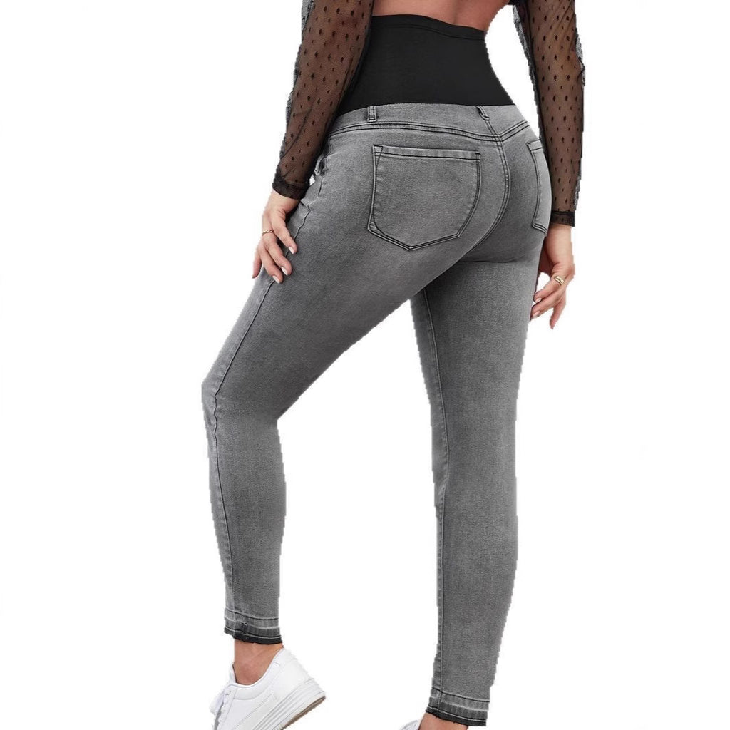 Pantalon en jean taille haute de grossesse avec soutien abdominal