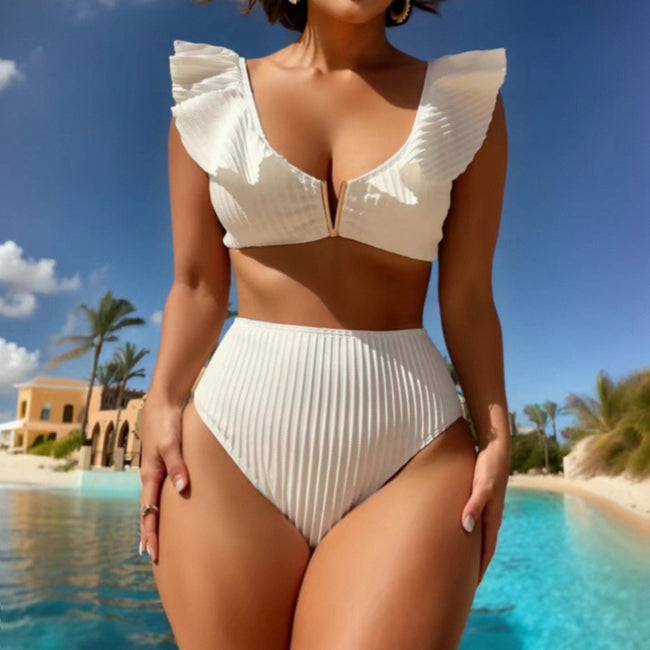 Haut de bikini volanté en tissu côtelé de couleur unie Hover Image