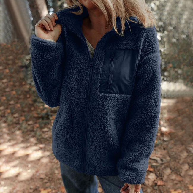 Manteau en peluche zippé, couleur unie, chaud et tendance, en laine d'agneau Main Image