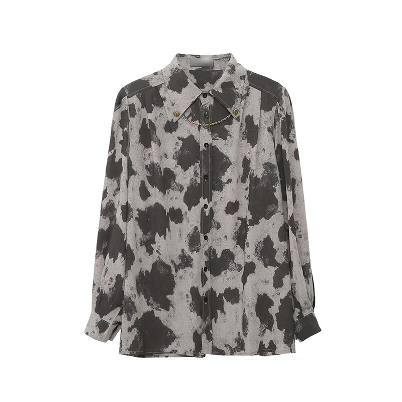 Blouse à manches longues noire, grise, à blocs de couleur léopard, chemise boutonnée avec chaîne, simple boutonnage, chemisier ample pour femmes