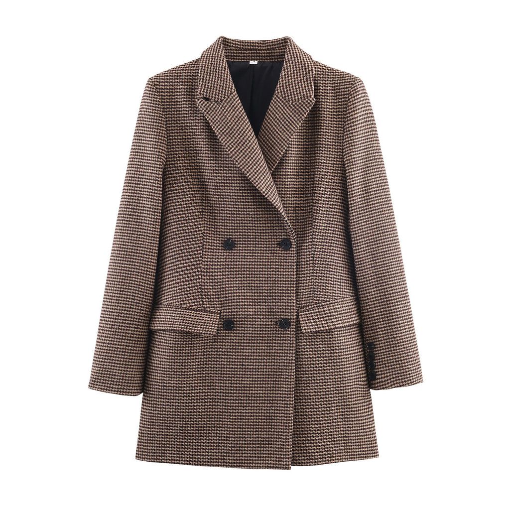 Blazer mi-long croisé pied-de-poule pour femme