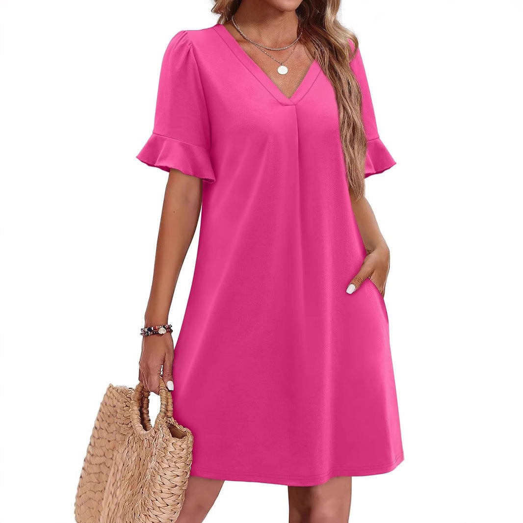 Robe élégante à col en V à volants pour femme avec poches