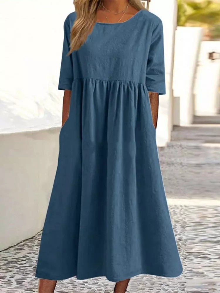 Robe décontractée en coton et lin à manches courtes et poches pour femme