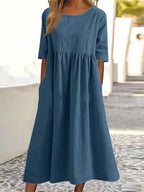 Robe décontractée en coton et lin à manches courtes et poches pour femme
