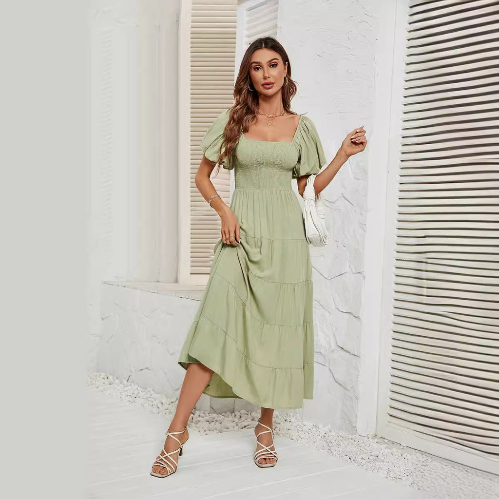 Robe d'été à col carré et dos nu, manches bouffantes, pour femmes