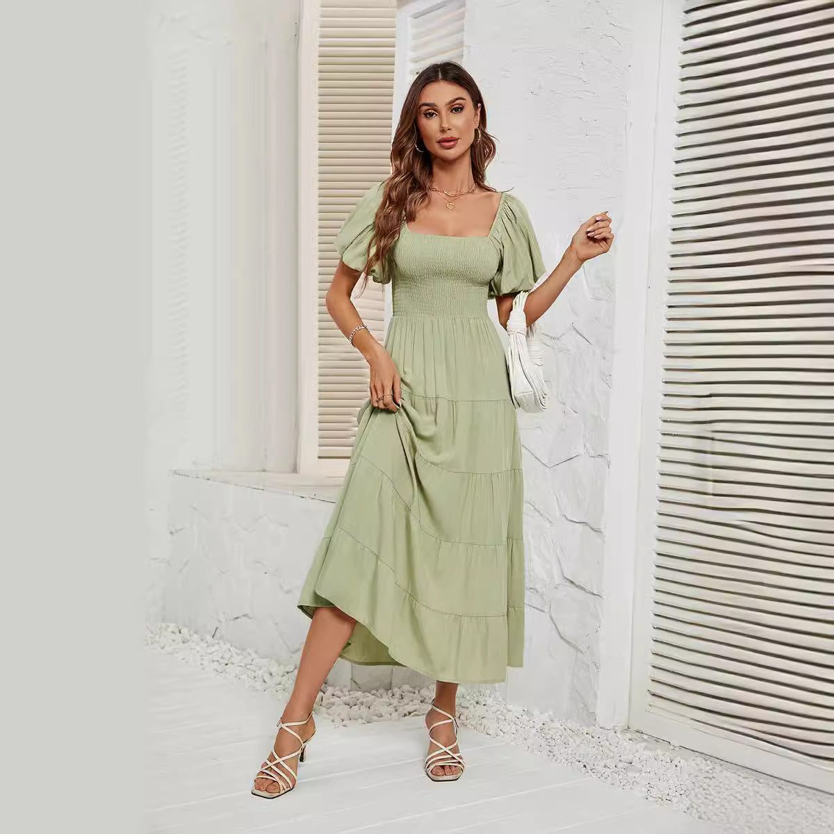 Robe d'été à col carré et dos nu, manches bouffantes, pour femmes
