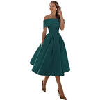 Robe de Soirée Formelle en Satin pour Femme sans Bretelles, Coupe Décontractée, Longueur Thé, Épaules Dénudées, avec Poches