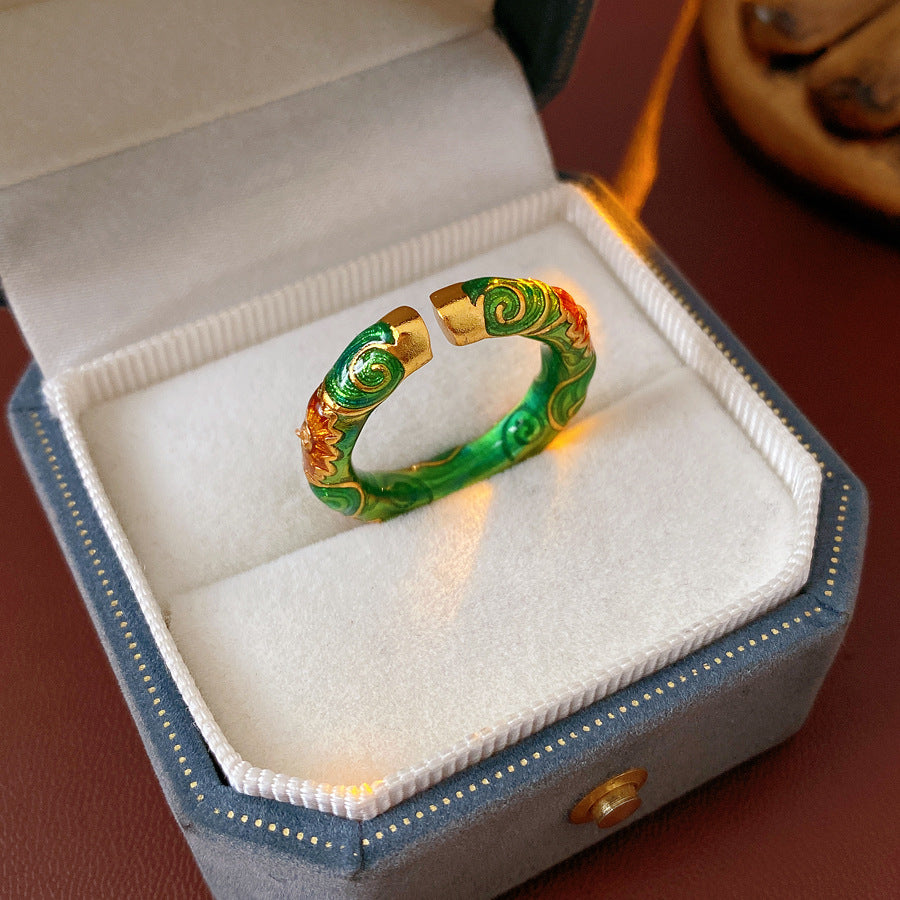 Bague florale vintage, émail vert, bague spectaculaire, perle diamant rétro, bague fleur pour femme, bijoux de mode