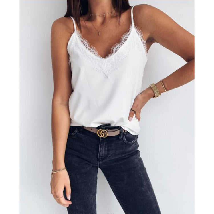 Caraco Femme Moulant Sexy Uni Col en V Bordé de Dentelle