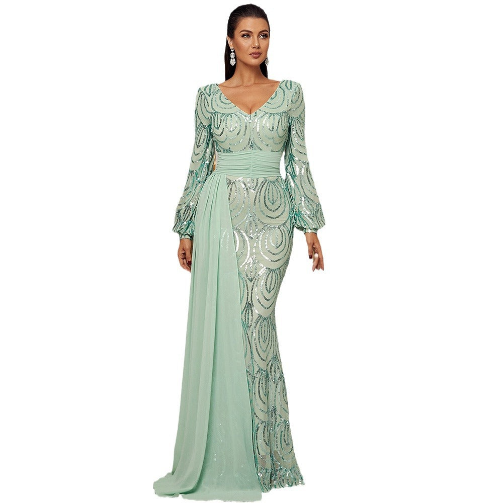 Robe de soirée longue à sequins, manches longues, col en V, avec ruban