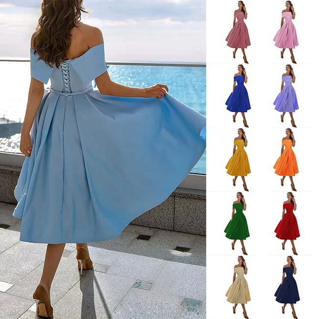 Robe de Soirée Formelle en Satin pour Femme sans Bretelles, Coupe Décontractée, Longueur Thé, Épaules Dénudées, avec Poches Hover Image