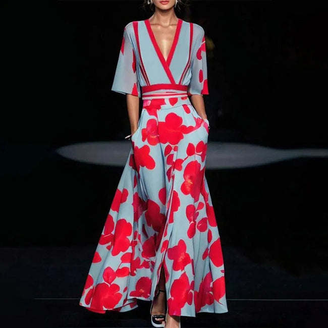Robe longue fendue à manches courtes et col en V pour l'été, imprimé floral, coupe trapèze, vêtements de soirée, club, plage pour femmes Main Image