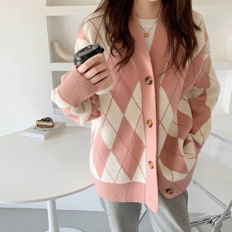 Cardigan en tricot de couleur contrastée avec motif losanges pour femme