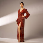 Robe de soirée longue à sequins, col en V et manches longues, sexy