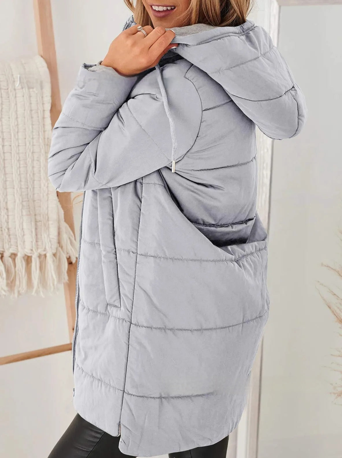 Manteau Long en Coton Uni avec Capuche et Poches pour Femme