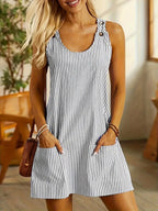 Robe d'été décontractée et amincissante pour femme, coupe droite, col U sans manches, rayures et patchwork, poches et boutons dans le dos