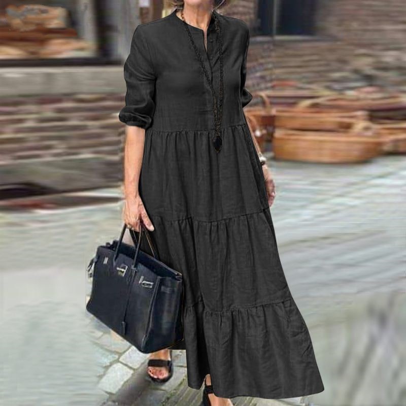 Robe longue décontractée ample à revers en coton et lin de couleur unie à large ourlet pour femme