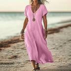 Robe ample unie en coton et lin à col en V