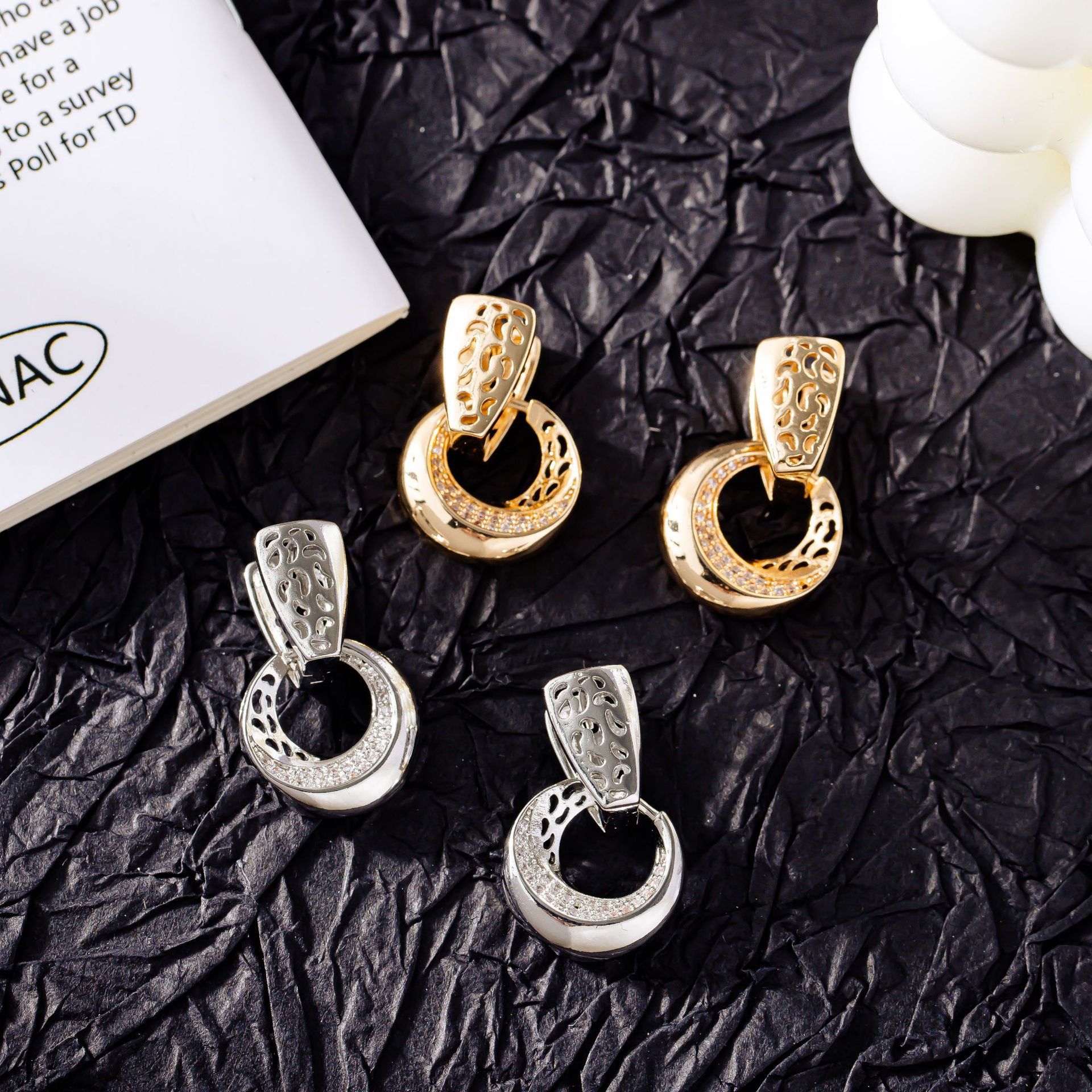Boucles d'oreilles pendantes rondes et creuses de luxe, couleur or rose et argent, pour femmes, avec incrustation micro-cire, zircon naturel, fleur, bijoux de mariage et quotidiens pour femmes