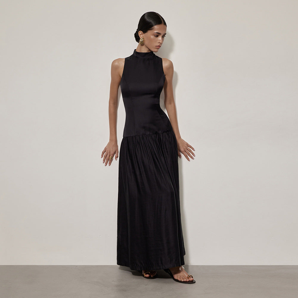 Round Neck Dress Fashion Girl Sleeveless Backless Slim Fit Satin Dress