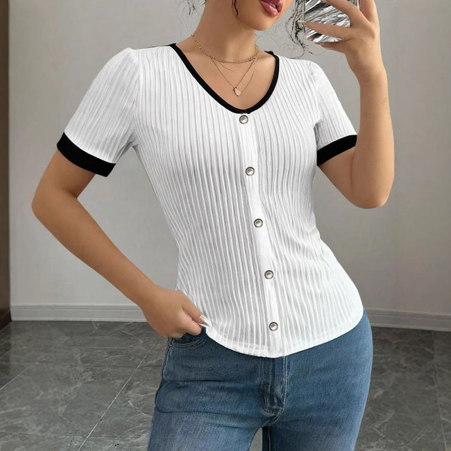 Vêtements Femme en Maille Coupe Ajustée Manches Courtes Femme Bicolores Hover Image