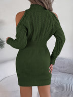 Robe Pull Moulante Femme Décontractée Col Roulé Mi-Hauteur Épaules Dénudées Tricot Torsadé Manches Lanternes