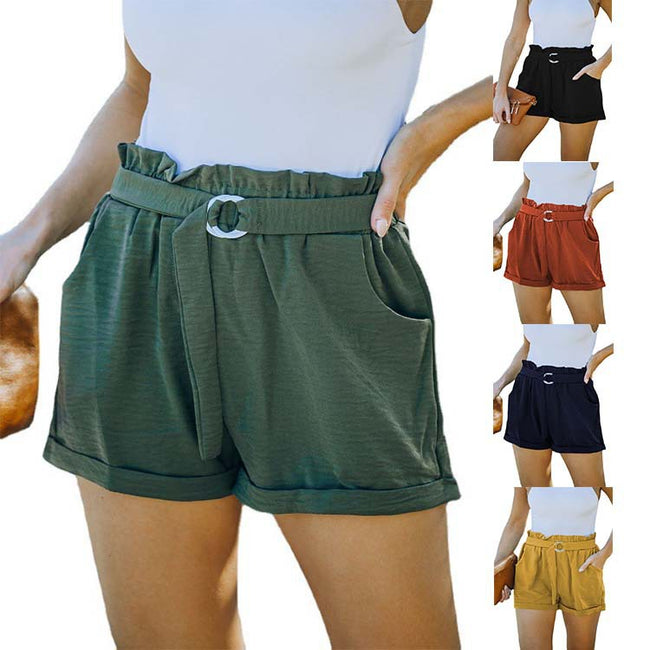 Short décontracté taille haute de couleur unie avec poches et lacets pour femme Hover Image